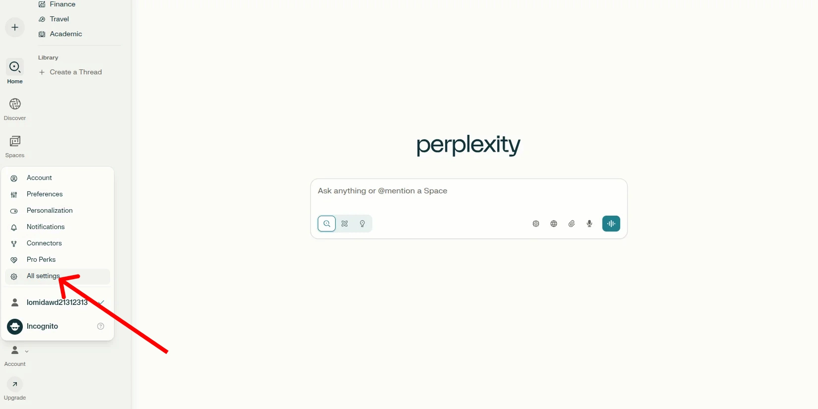 Расположение настроек в интерфейсе Perplexity