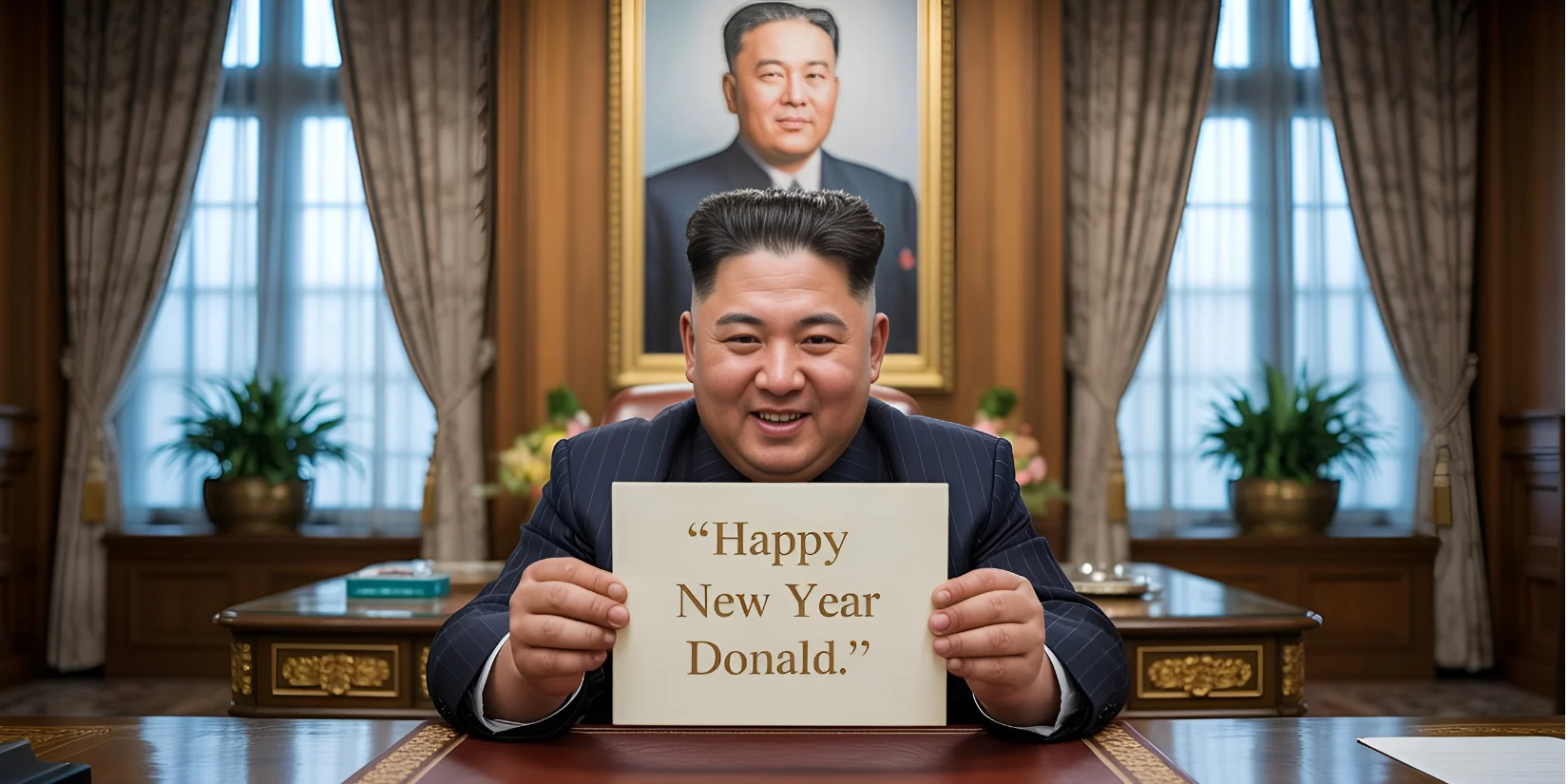 Ким Чен Ын поздравляет Трампа с Новым годом. Арт от нейросети