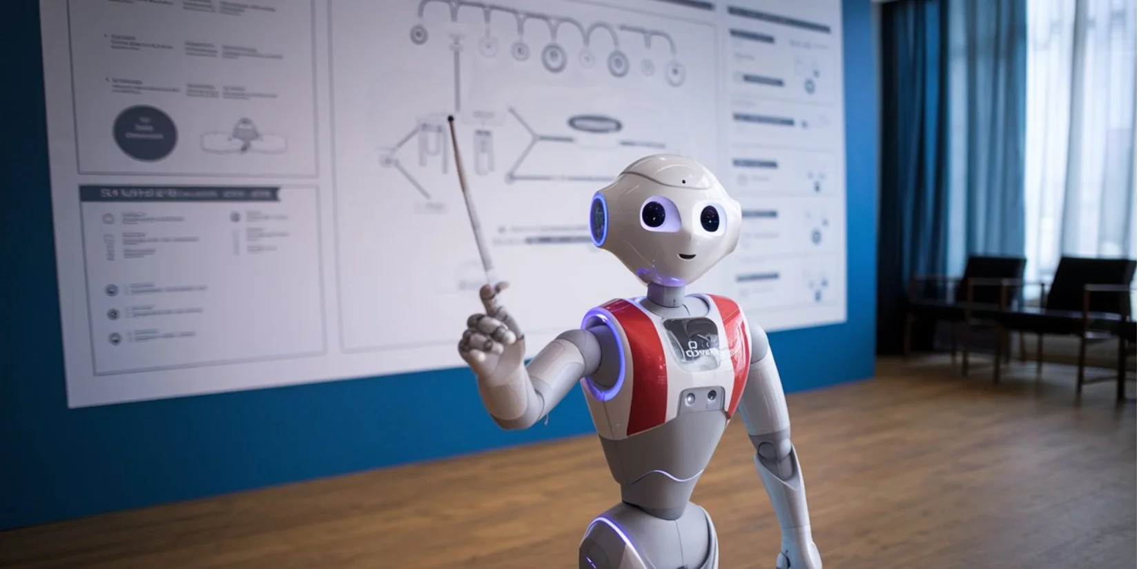 Робот показывает человеку презентацию