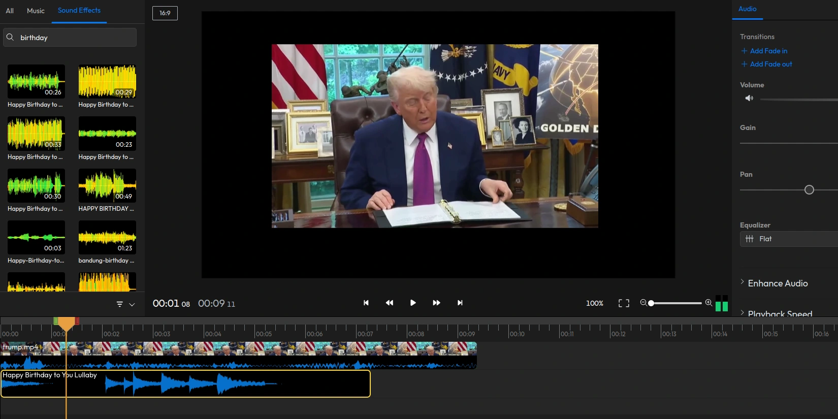 Добавление музыки к видеопоздравлению от Трампа
