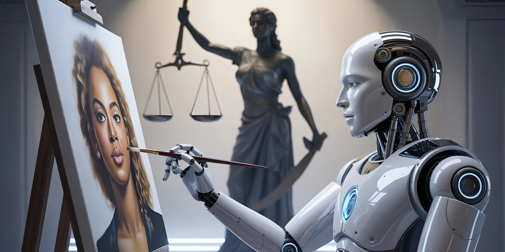 Робот рисует картину со знаменитостью, Фемида на фоне