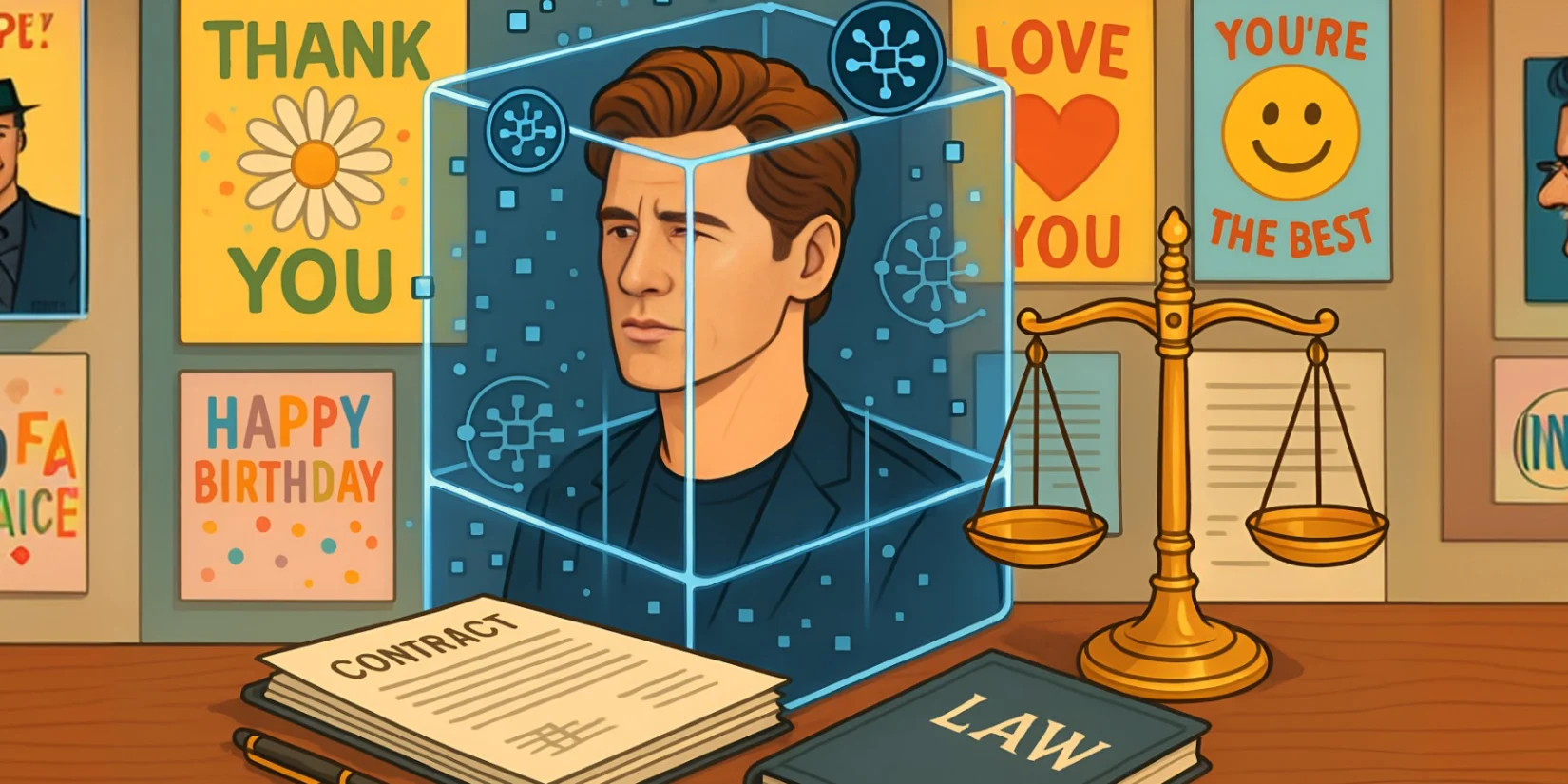 Человек в нейроклетке с поздравлениями на фоне