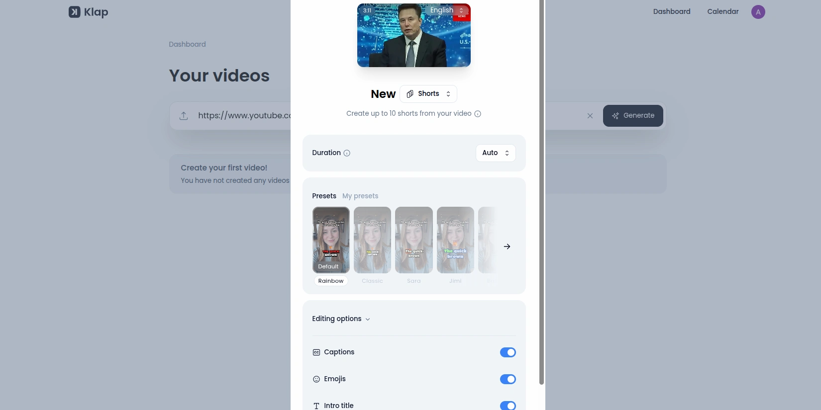 Параметры коротких видео в нейросети Klap