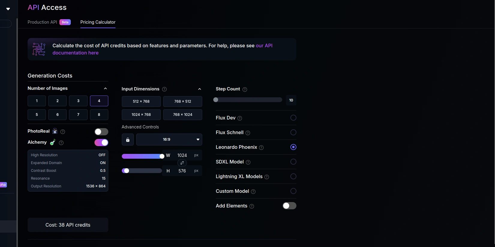 Калькулятор стоимости API в Leonardo AI