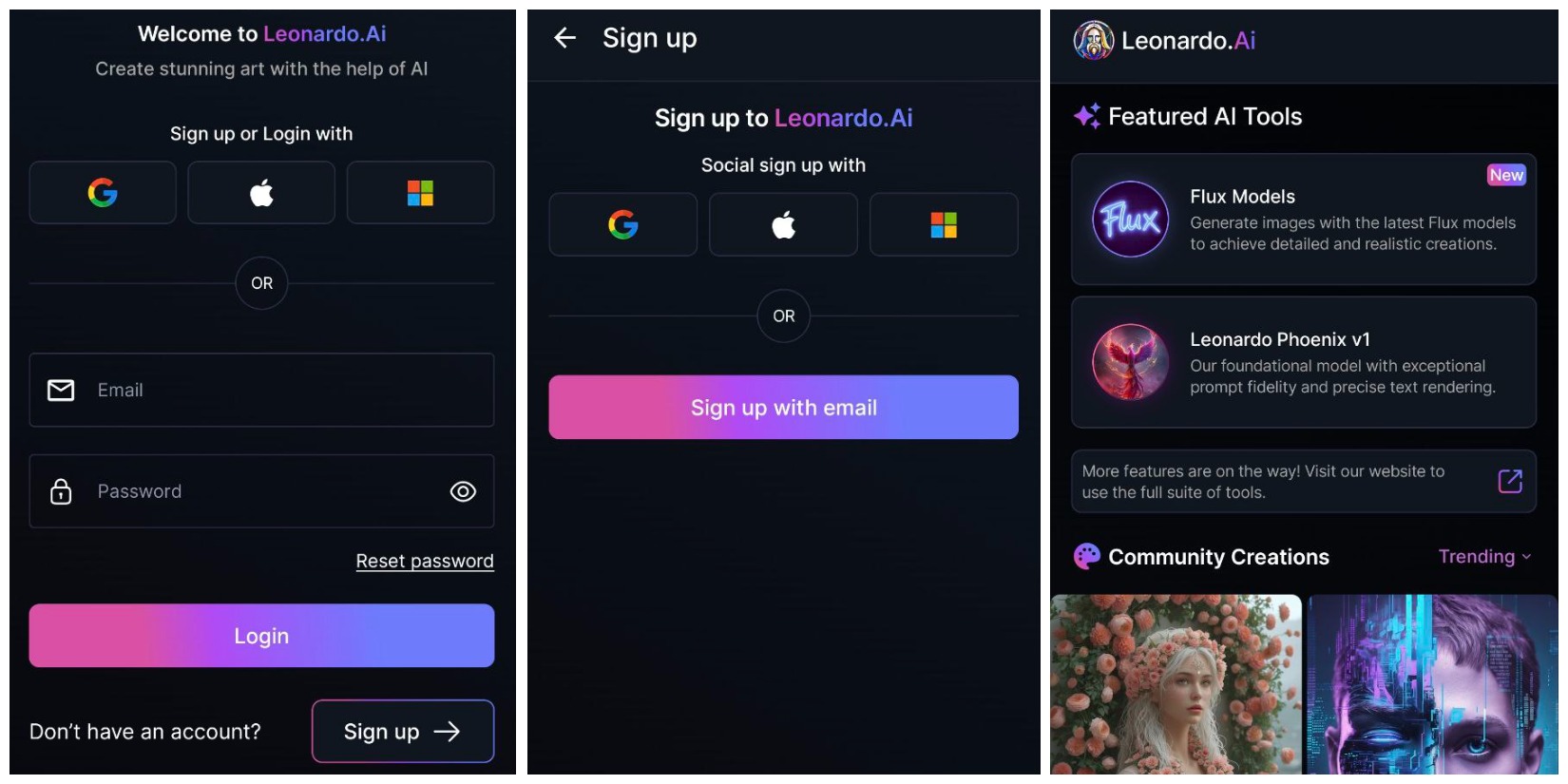 Процесс регистрации в приложении Leonardo AI
