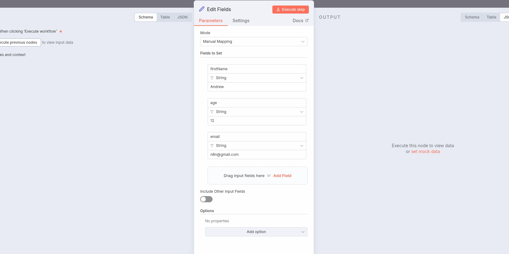 Параметры узла в n8n.