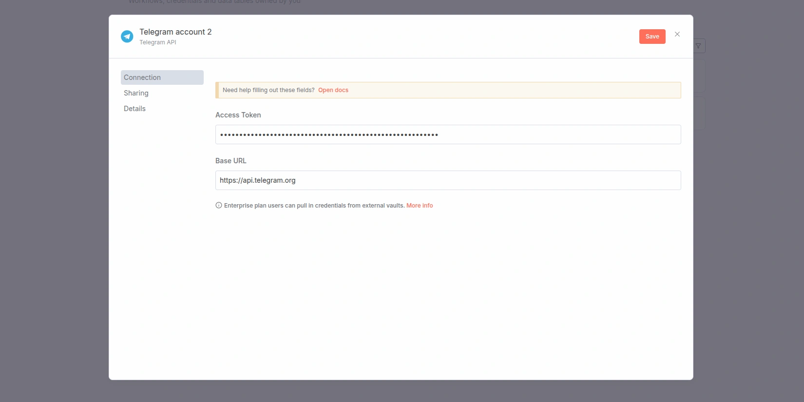 Сохранение учетных данных Telegram в n8n