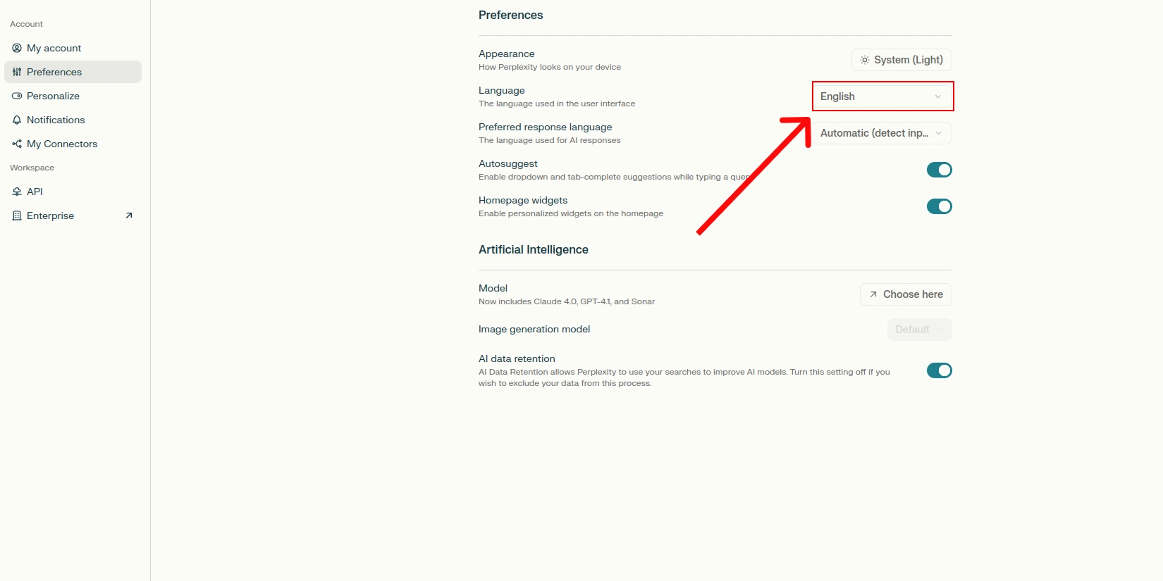 Изменение языка на русский в Perplexity