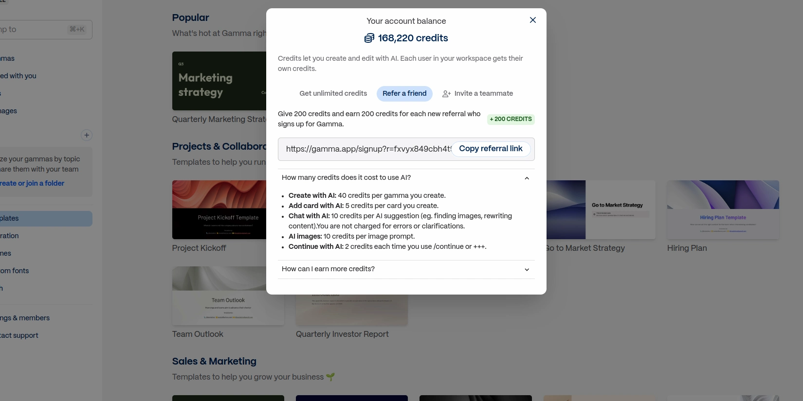 Получение кредитов для бесплатного использования Gamma app