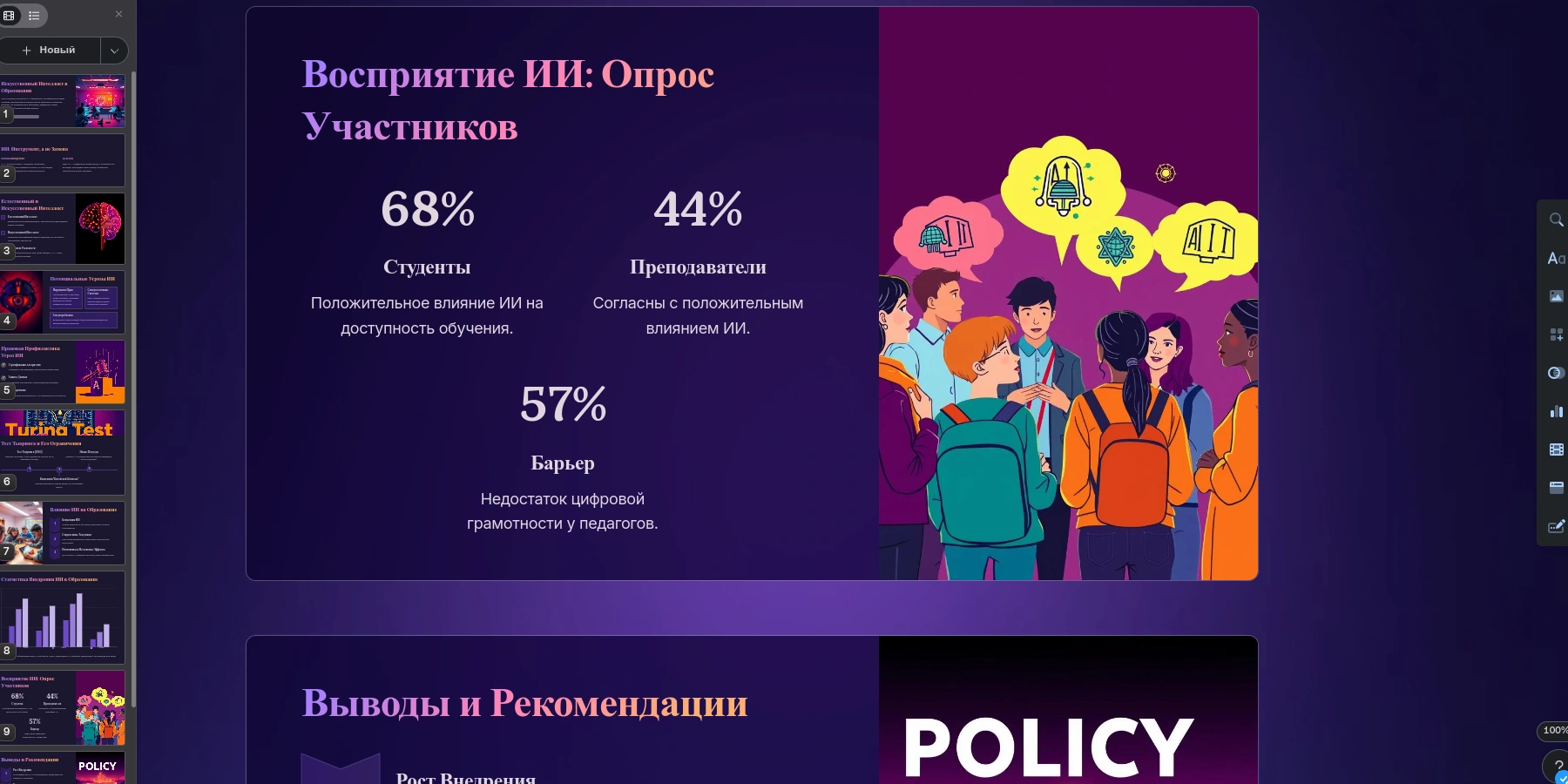 Пример слайда, сгенерированного нейросеть Gamma app