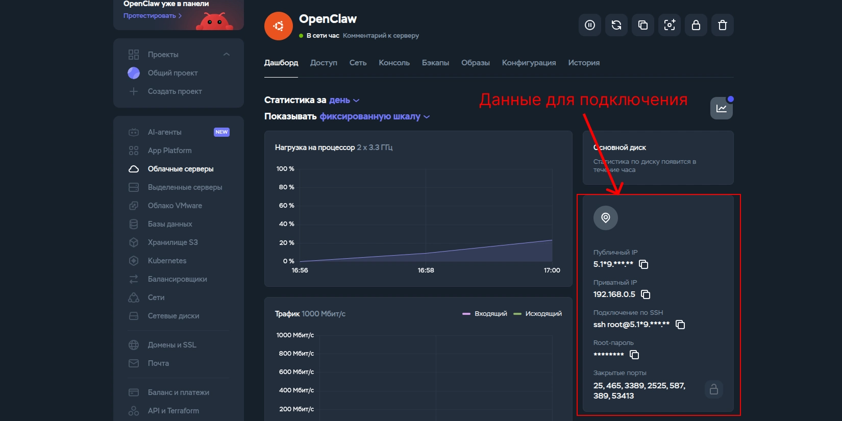 Интерфейс облачного сервера Timeweb с данными для подключения..