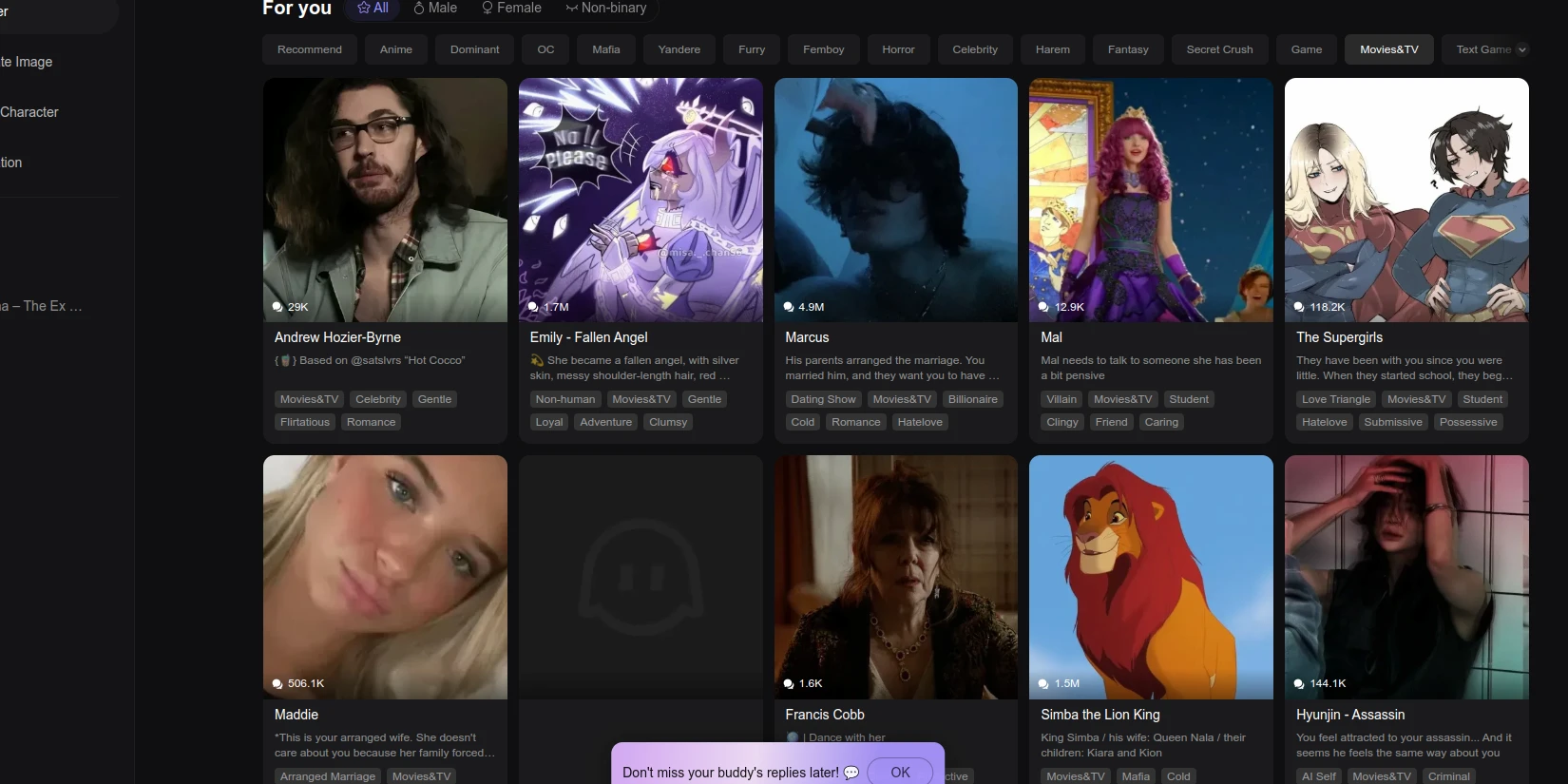 Библиотека виртуальных персонажей в Polybuzz AI